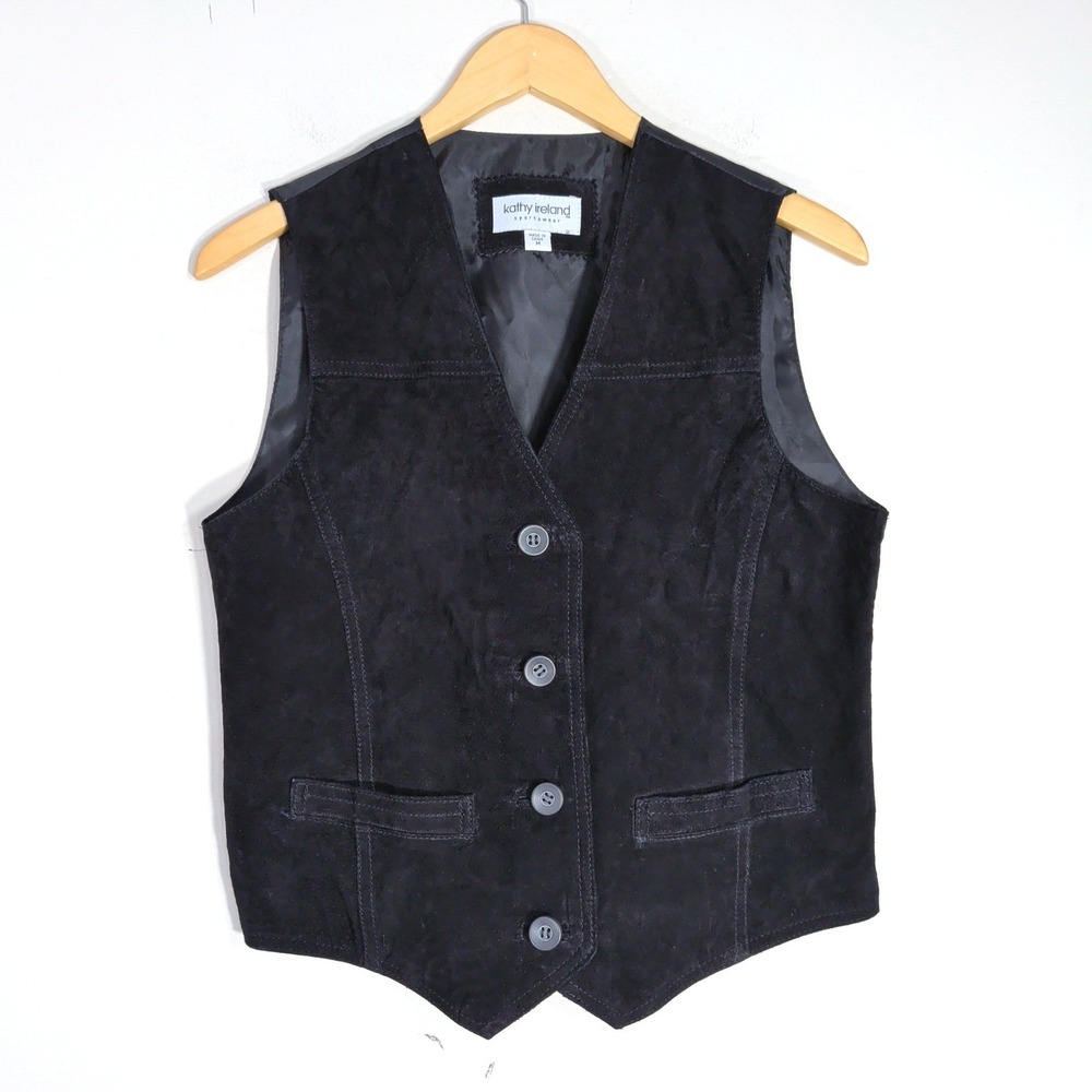 Kathy Ireland Black Leather Vest; Suede Front Nylon Back Button Up Size M